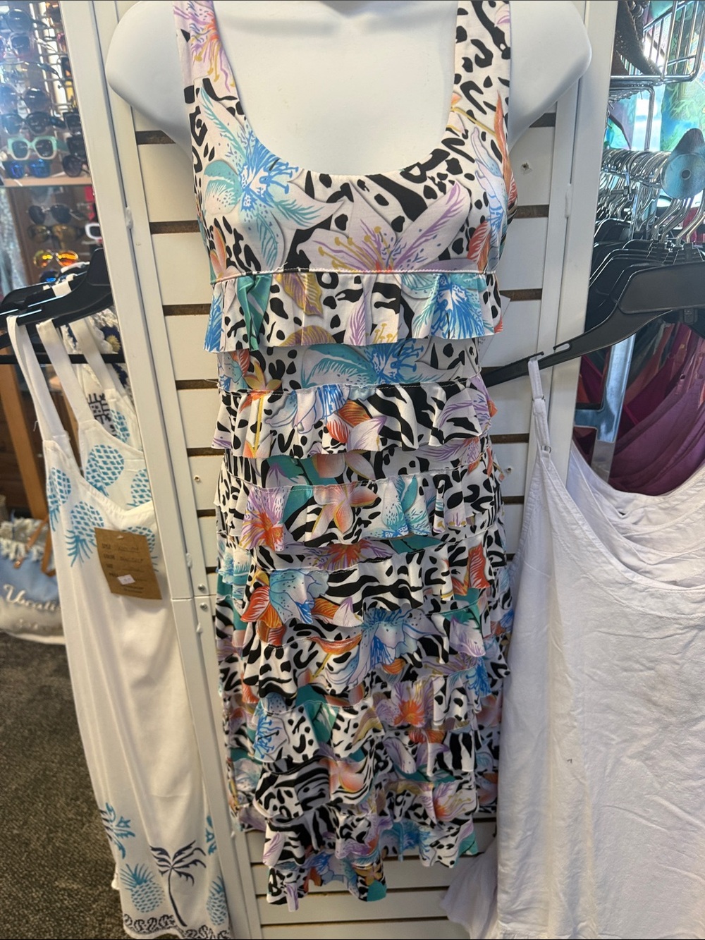 Tiered Floral Zebra-Print Ruffle Sundress - White Multi